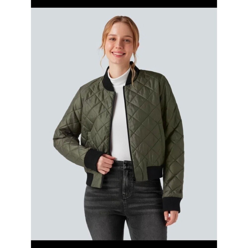 Zip Fly Casual Padded Bomber Jacket with Pockets; Medium